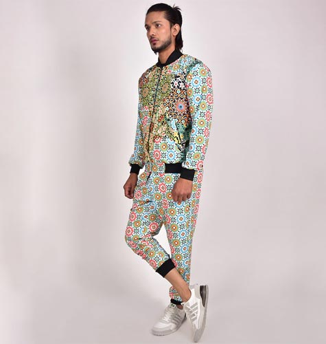 Men Floral Digital Printed Henley Neck Lycra Tracksuit